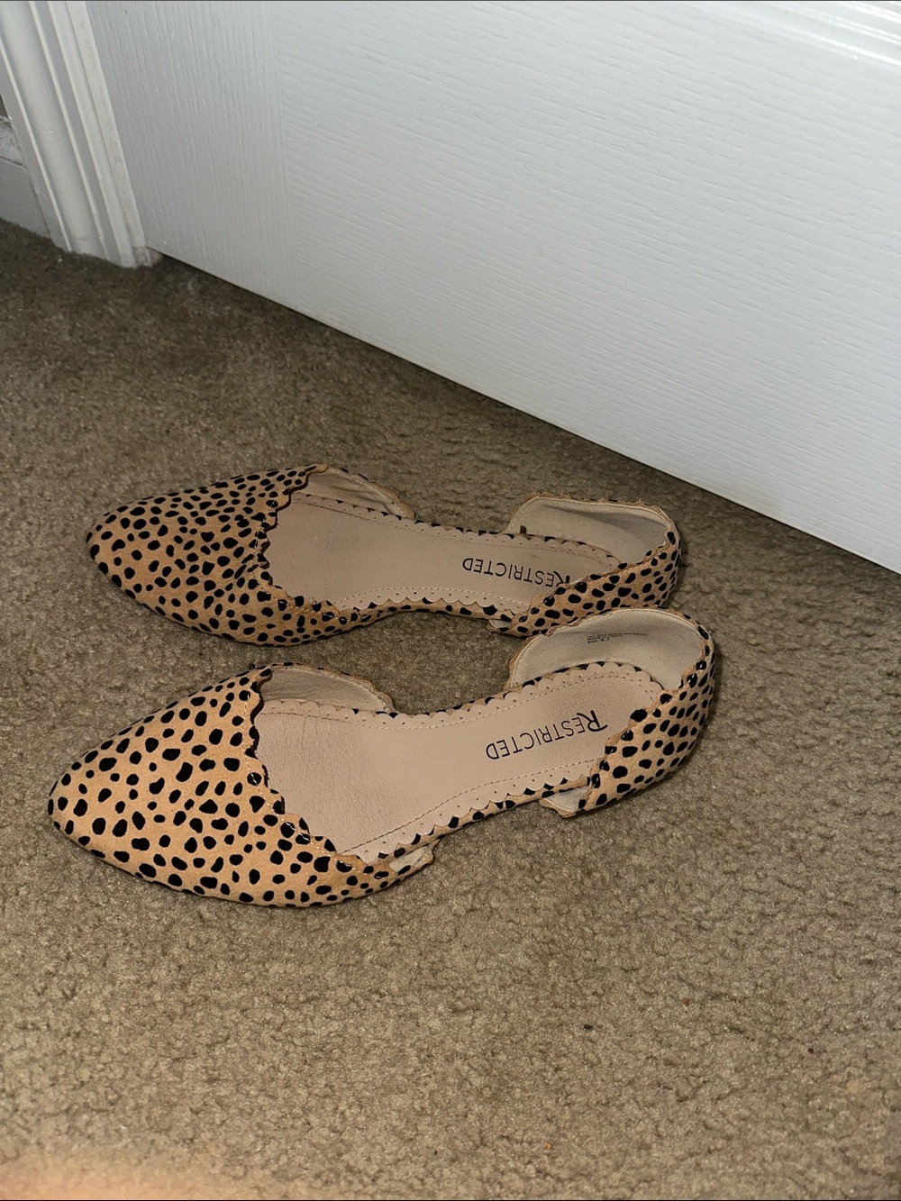 Restricted Tan and Black Spotted D'Orsay Flats